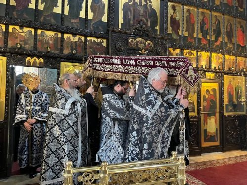 Архиепископ Егорьевский Матфей совершил вечерню с выносом Плащаницы Спасителя в храме святых мучеников Адриана и Наталии в Бабушкине